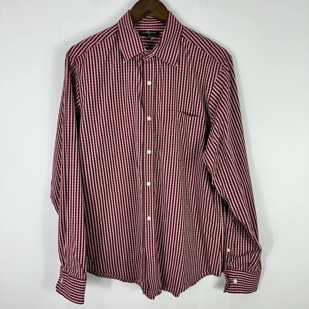 Banana Republic Shirt Mens L Burgundy Check‎ Preppy Academia Quiet Luxury Cotton